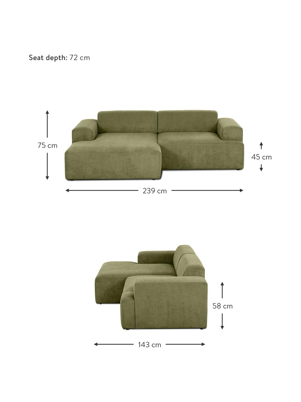 Menčestrová rohová pohovka Melva (3-miestna), Menčestrová zelená, Š 239 x H 143 cm, ľavé rohové prevedenie