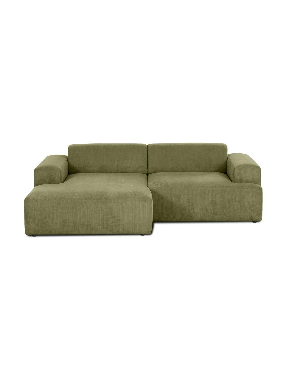 Canapé d'angle 3 places velours côtelé vert Melva, Velours côtelé vert, larg. 239 x prof. 143 cm, méridienne à gauche