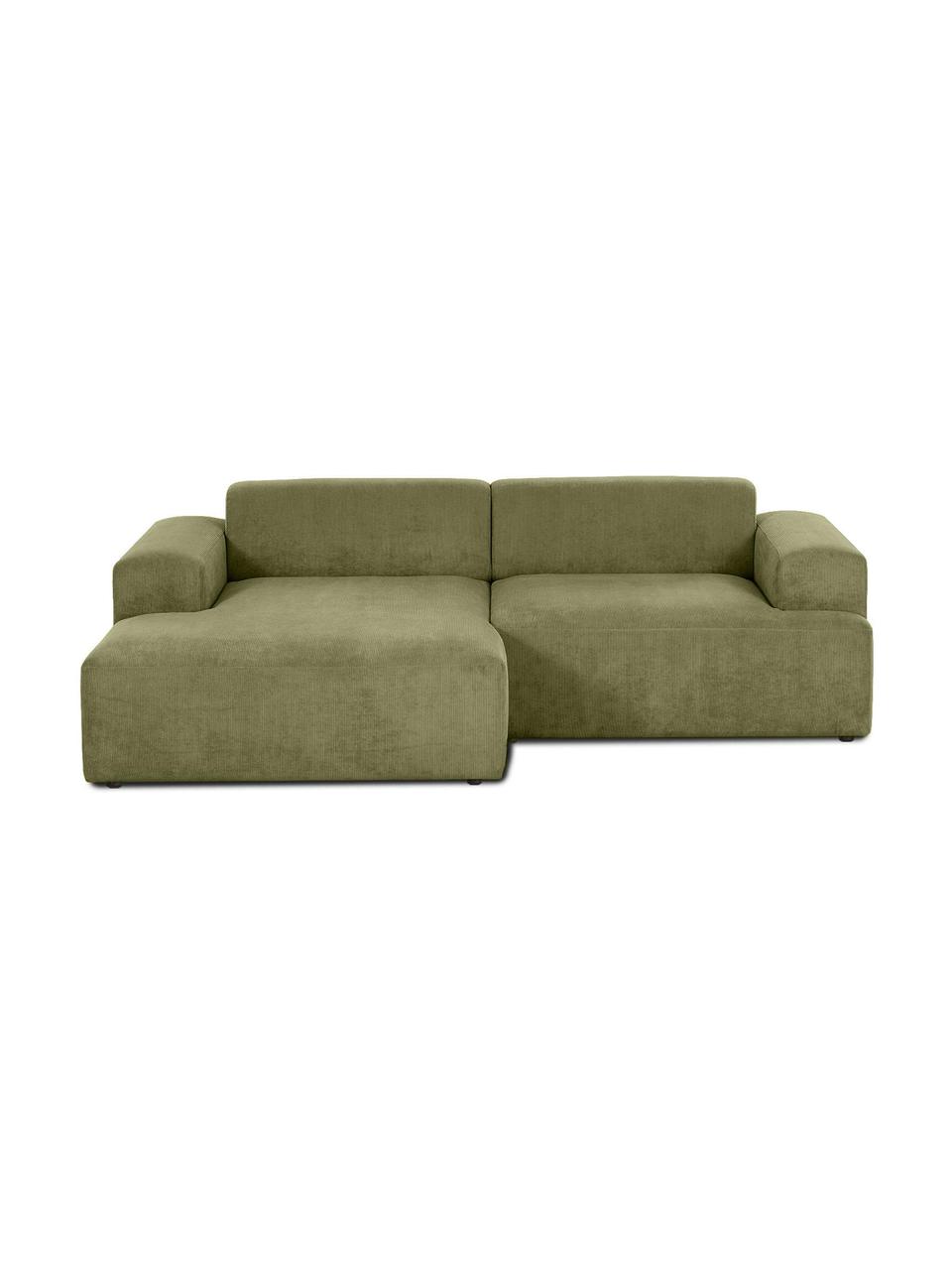 Sofa narożna ze sztruksu Melva (3-osobowa), Tapicerka: sztruks (92% poliester, 8, Stelaż: lite drewno sosnowe z cer, Nogi: tworzywo sztuczne, Zielony sztruks, S 239 x G 143 cm, lewostronna