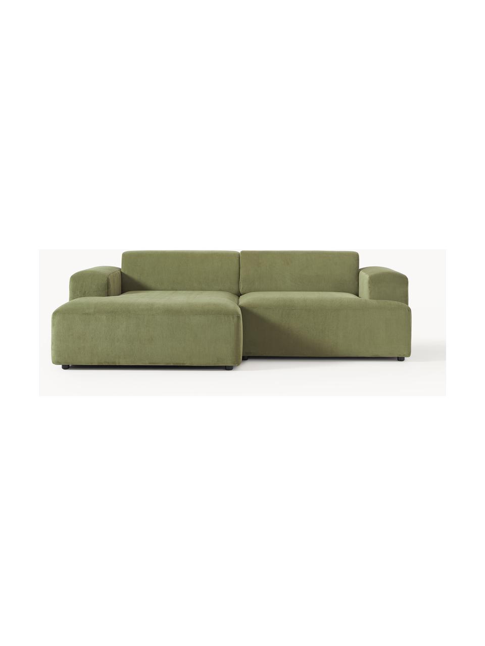 Sofá rinconera de pana Melva (3 plazas), Tapizado: pana (92% poliéster, 8% p, Estructura: madera de pino maciza, ce, Patas: plástico, Pana verde oliva, An 239 x F 143 cm, chaise longue izquierda