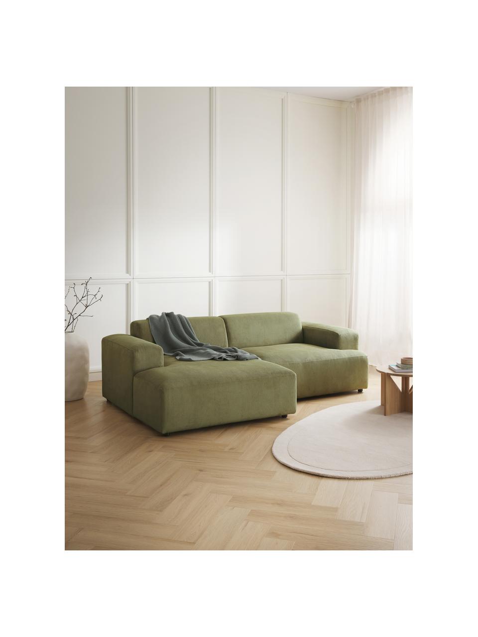 Sofá rinconera de pana Melva (3 plazas), Tapizado: pana (92% poliéster, 8% p, Estructura: madera de pino maciza, ce, Patas: plástico, Pana verde oliva, An 239 x F 143 cm, chaise longue izquierda