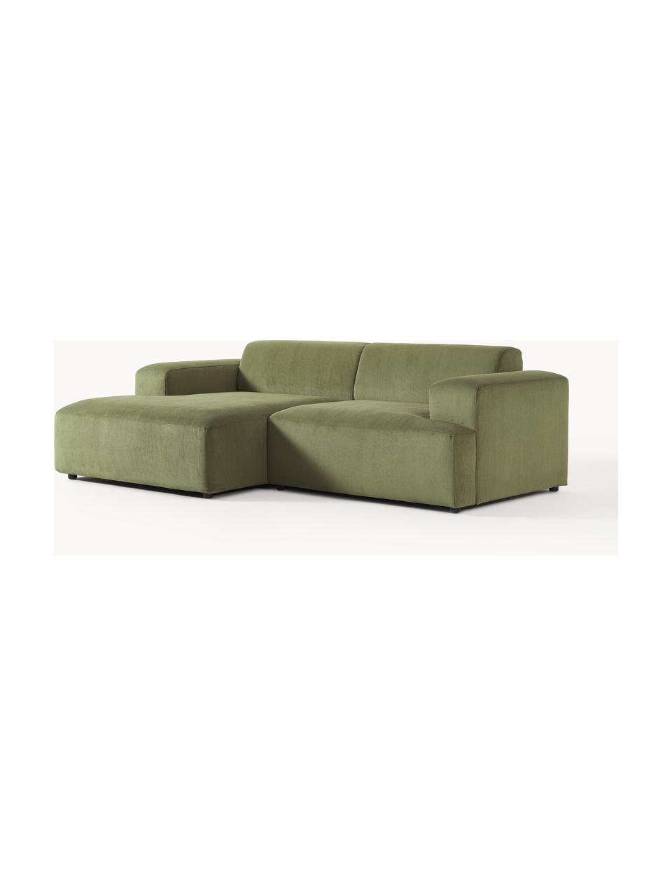 Sofá rinconera de pana Melva (3 plazas), Tapizado: pana (92% poliéster, 8% p, Estructura: madera de pino maciza, ce, Patas: plástico, Pana verde oliva, An 239 x F 143 cm, chaise longue izquierda