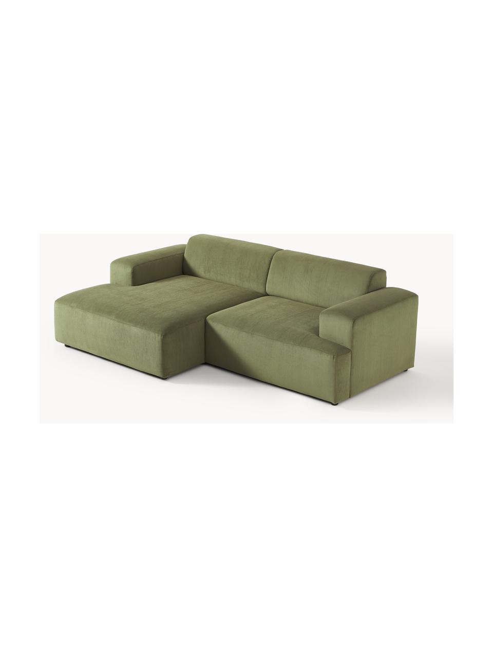 Sofá rinconera de pana Melva (3 plazas), Tapizado: pana (92% poliéster, 8% p, Estructura: madera de pino maciza, ce, Patas: plástico, Pana verde oliva, An 239 x F 143 cm, chaise longue izquierda