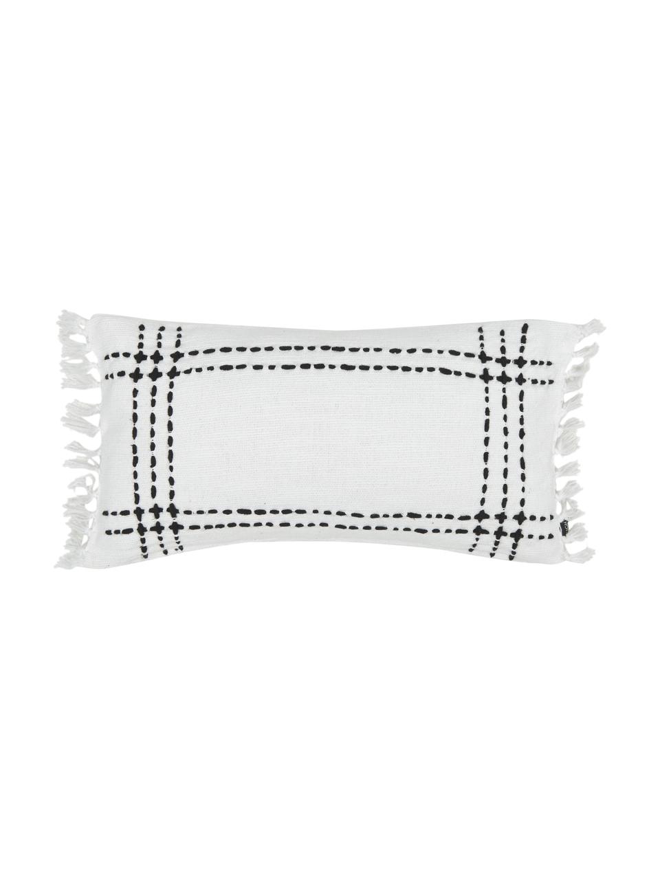 Housse de coussin pur coton à franges Finca, 100 % coton, Blanc, noir, larg. 30 x long. 50 cm
