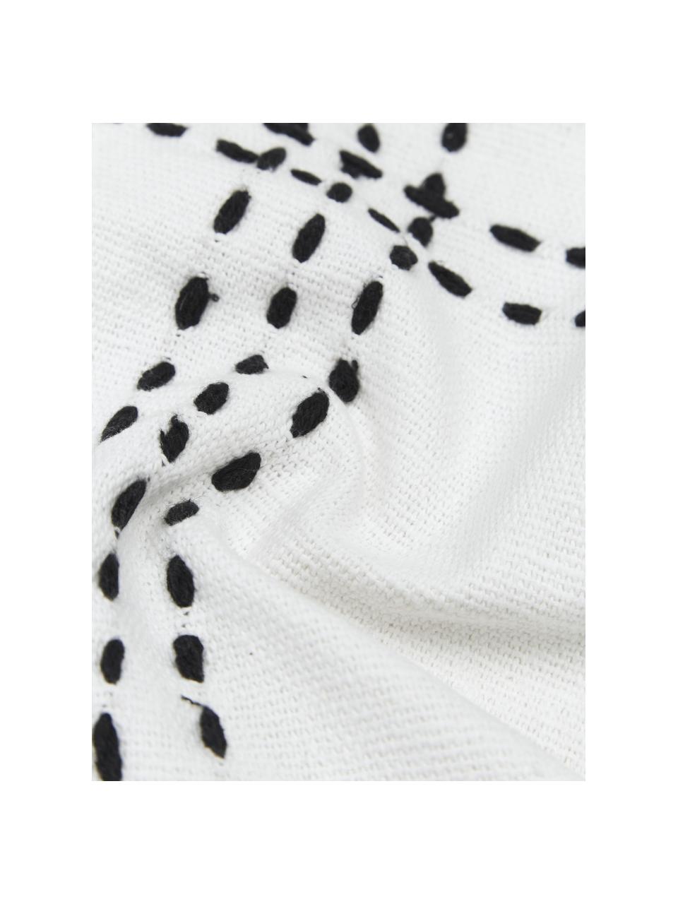 Federa arredo ricamata in cotone con frange Finca, 100% cotone, Bianco, nero, Larg. 30 x Lung. 50 cm