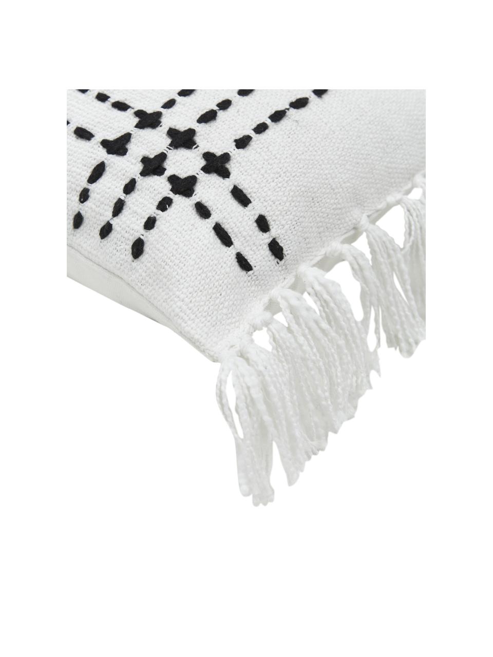 Funda de cojín de algodón bordado con flecos Finca, 100% algodón, Blanco, negro, An 30 x L 50 cm