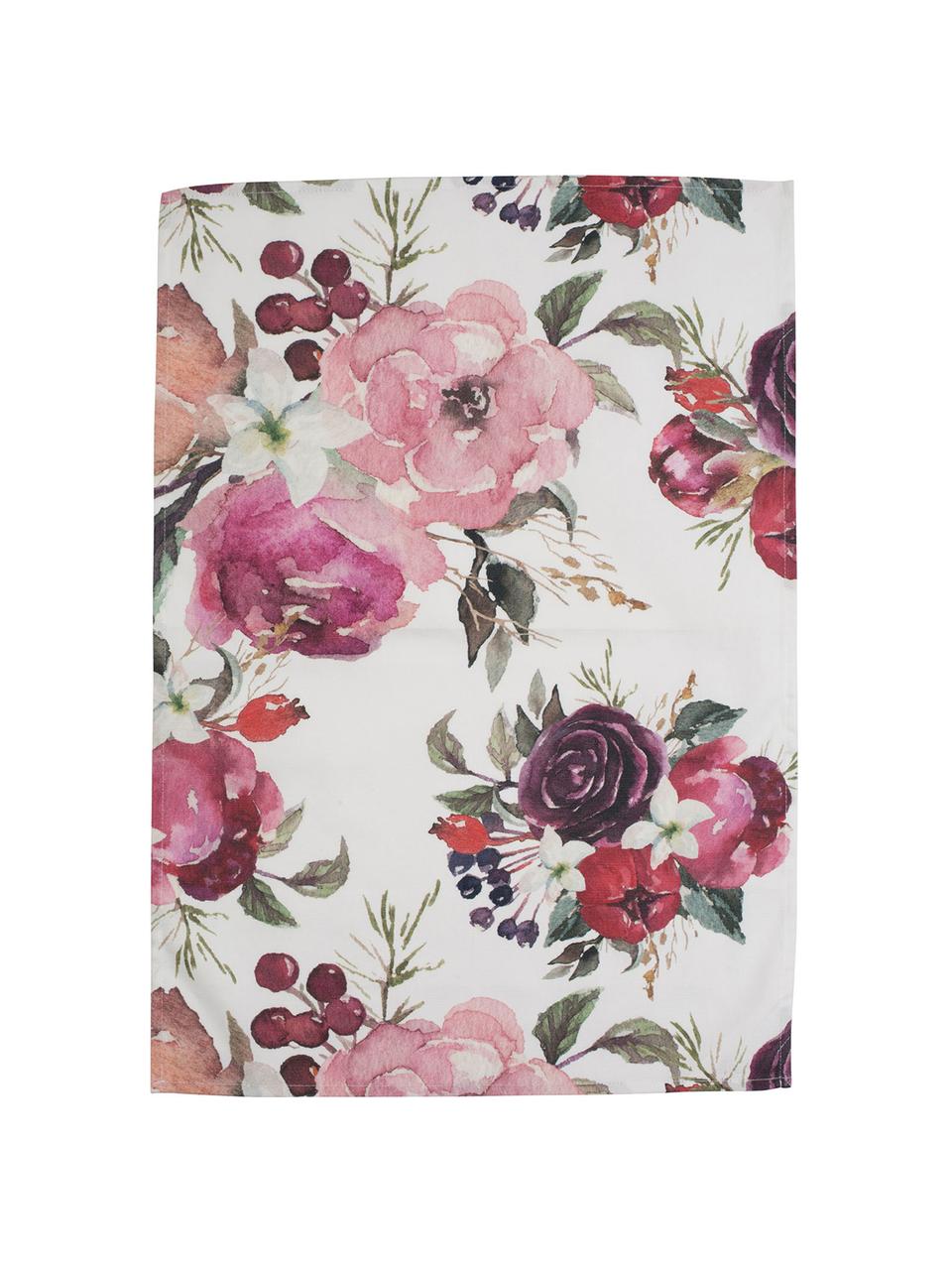 Theedoeken Florisia met bloemmotief, 2 stuks, Katoen, Roze, wit, B 50 x L 70 cm