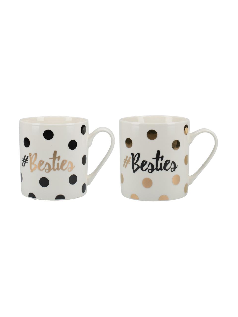 Set 2 tazze da caffè in porcellana Besties, Porcellana, Bianco, nero, dorato, Ø 12 x Alt. 10 cm, 350 ml