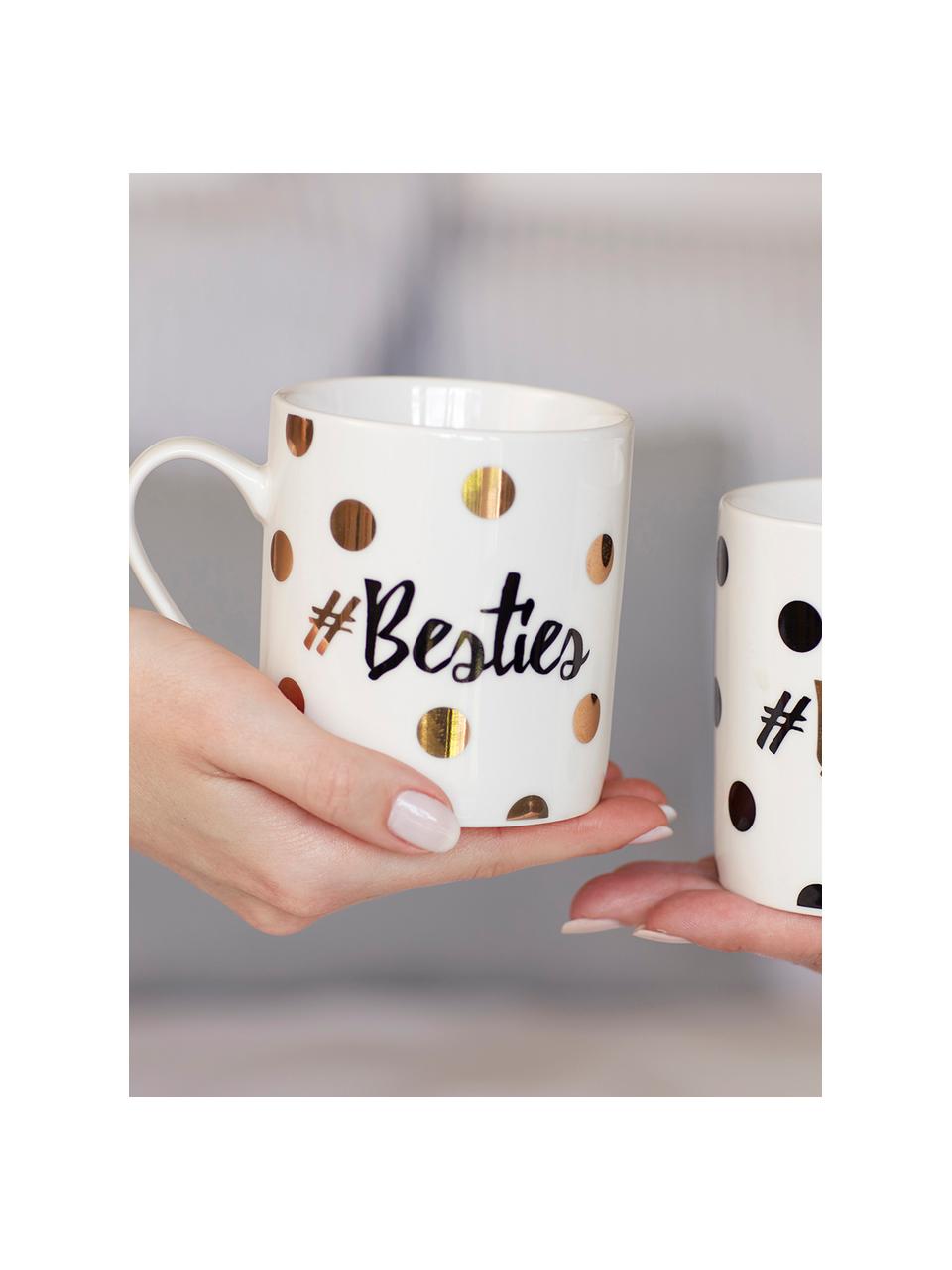 Tazas de café Besties, 2 uds., Porcelana, Blanco, negro, dorado, Ø 12 x Al 10 cm, 350 ml