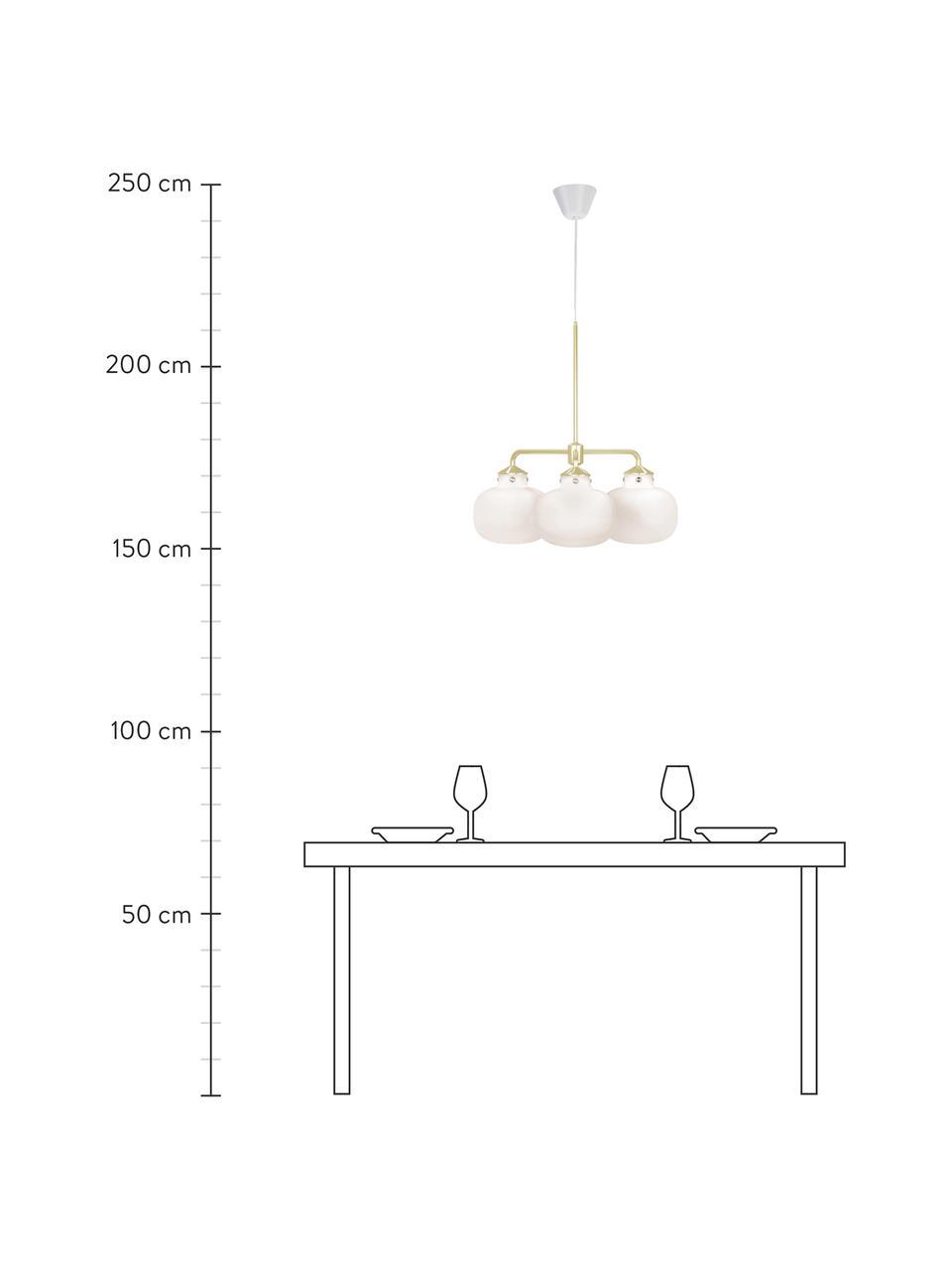 Hanglamp Raito van glas, Lampenkap: opaalglas, Decoratie: metaal, Baldakijn: kunststof, Opaalwit, messingkleurig, Ø 57 x H 55 cm