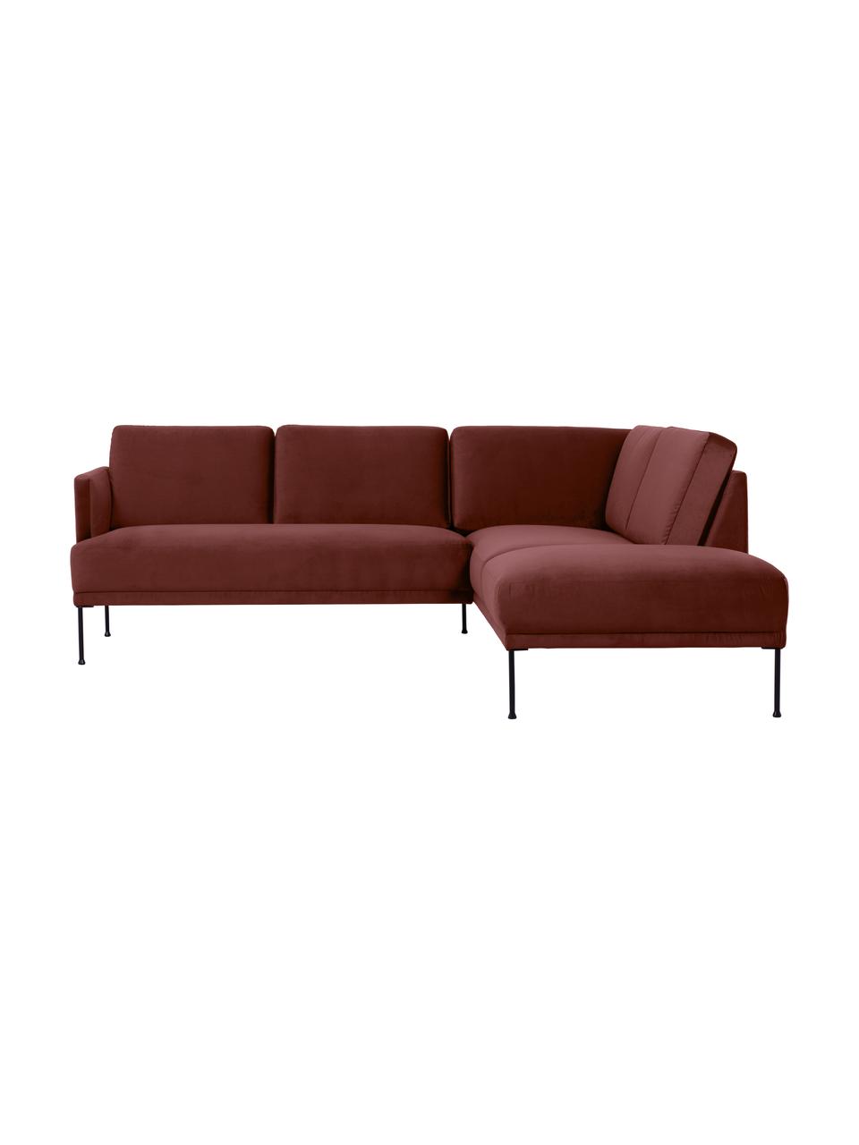 Fluwelen hoekbank Fluente in roodbruin met metalen poten, Bekleding: fluweel (hoogwaardig poly, Frame: massief grenenhout, Poten: gepoedercoat metaal, Bordeauxrood, B 221 x D 200 cm