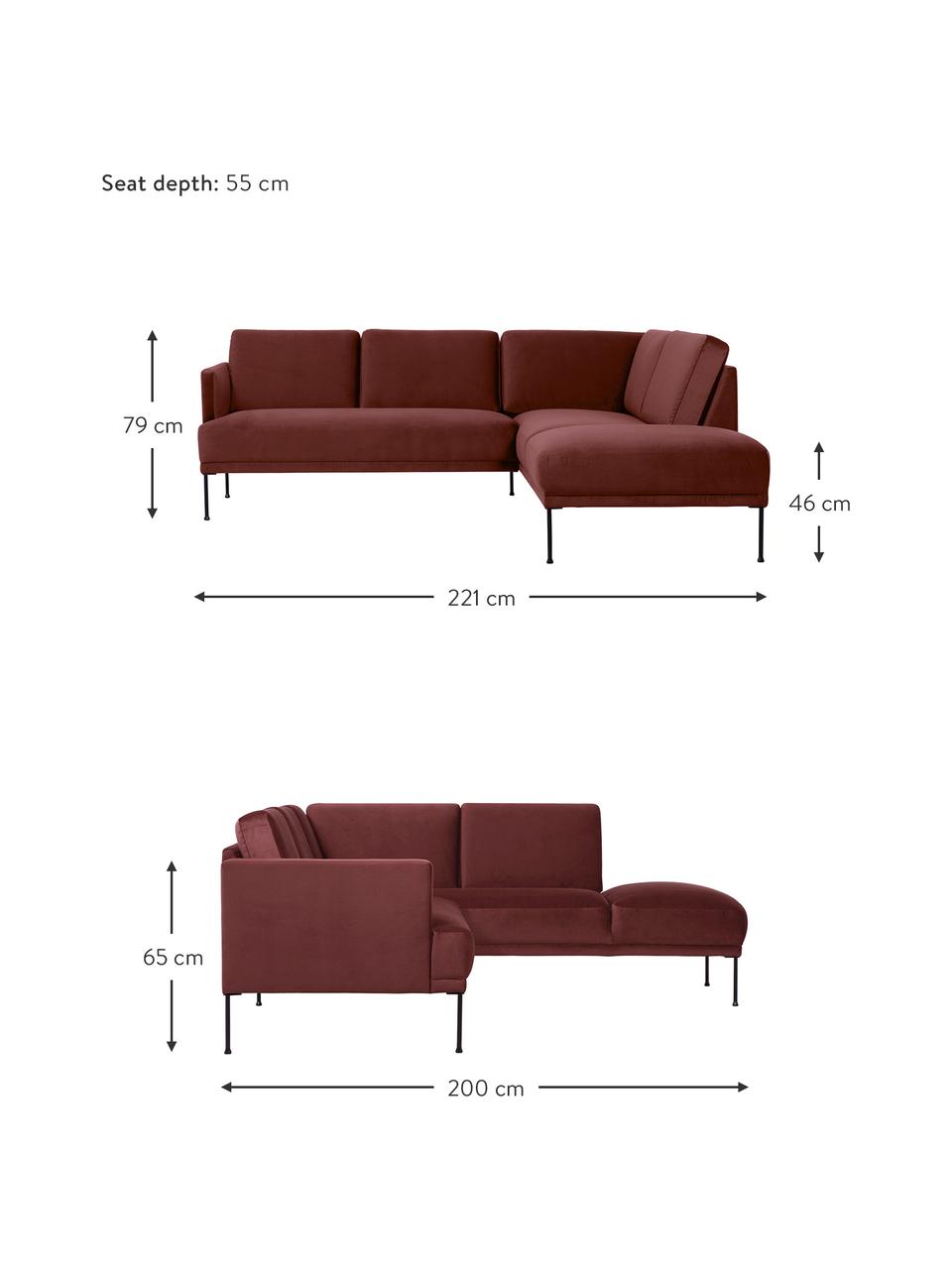 Divano angolare in velluto rosso ruggine Fluente, Rivestimento: velluto (copertura in pol, Struttura: legno di pino massiccio, Piedini: metallo verniciato a polv, Velluto rosso ruggine, Larg. 221 x Prof. 200 cm