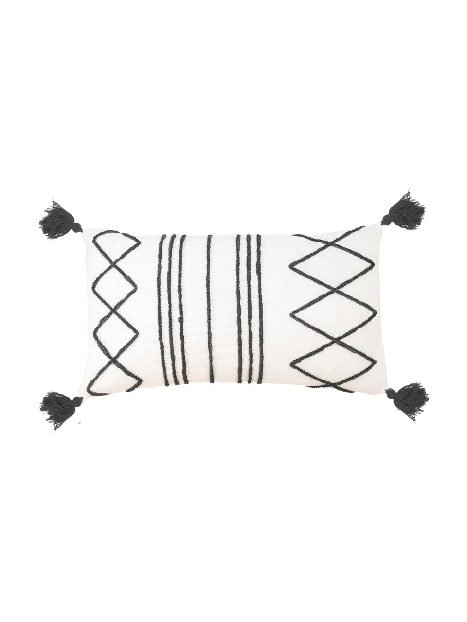 Kissenhülle Istanbul mit Hoch-Tief-Muster aus Chenille und Quasten, 100% Baumwolle, Weiß, Schwarz, 30 x 50 cm