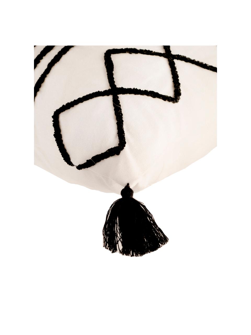 Federa arredo con ricami e nappe Istanbul, 50% cotone, 50% velluto, Bianco, nero, Larg. 30 x Alt. 50 cm