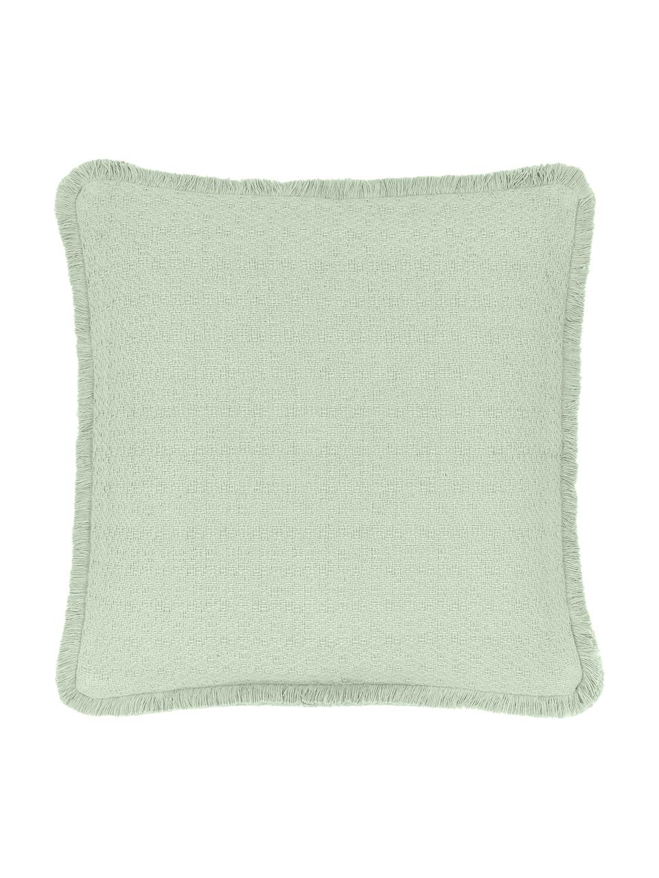 Dubbelzijdige kussenhoes Loran in mintgroen met decoratieve franjes, 100% katoen, Groen, B 40 x L 40 cm