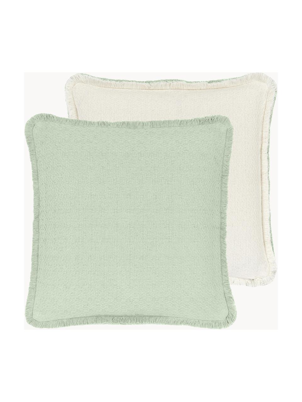 Dubbelzijdige kussenhoes Loran in mintgroen met decoratieve franjes, 100% katoen, Groen, B 40 x L 40 cm