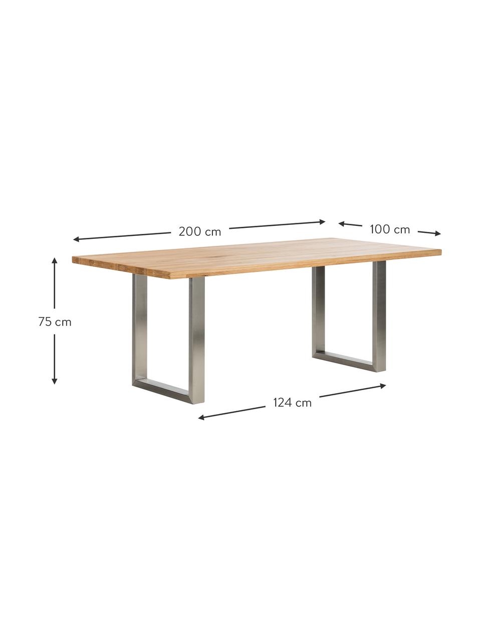 Eettafel Oliver met massief houten blad, Tafelblad: geolied massief wild eike, Poten: gelakt metaal, Wild eiken, edelstaalkleurig, B 180 x D 90 cm