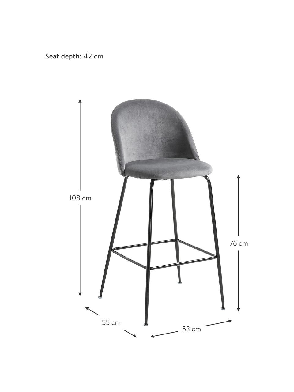 Samt-Barhocker Ivonne in Grau, Bezug: Polyestersamt, Gestell: Metall, lackiert, Grau, Schwarz, 53 x 108 cm