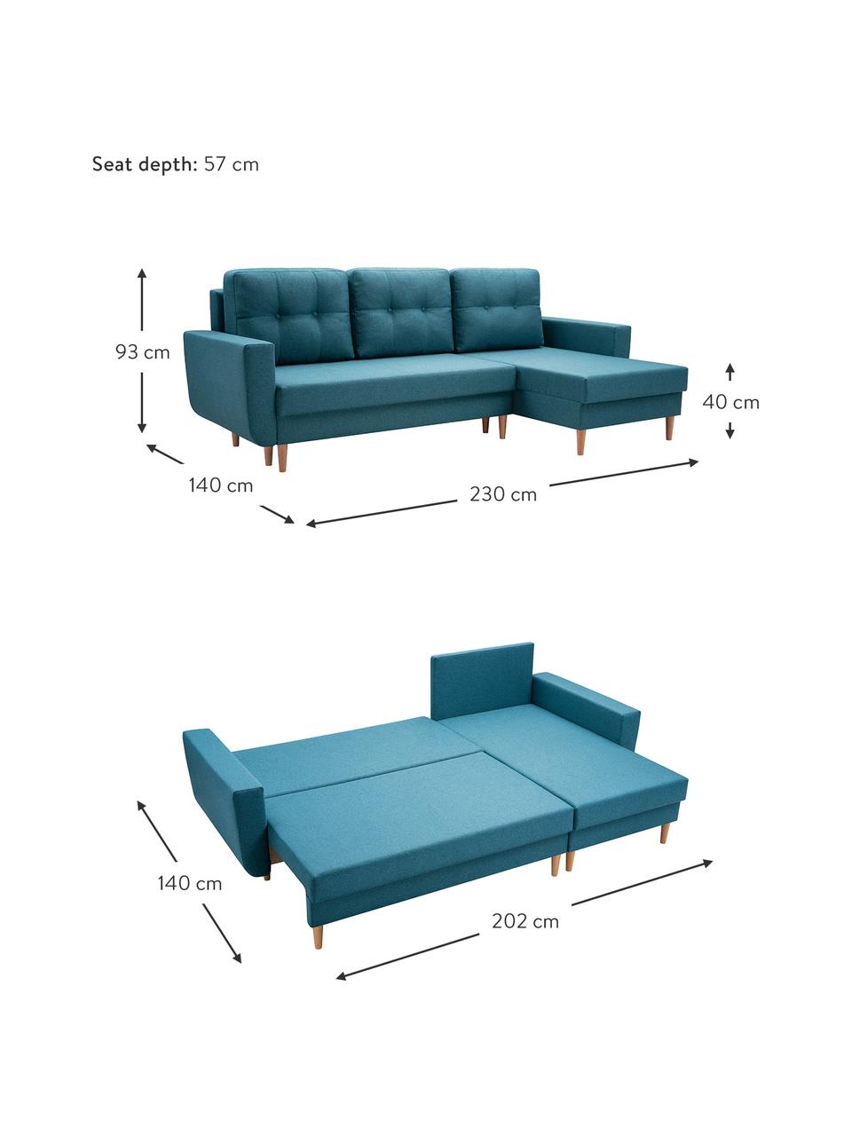Rohová pohovka s funkcí spaní a úložným prostorem Neo, pravý/levý rohový díl, Tyrkysově modrá