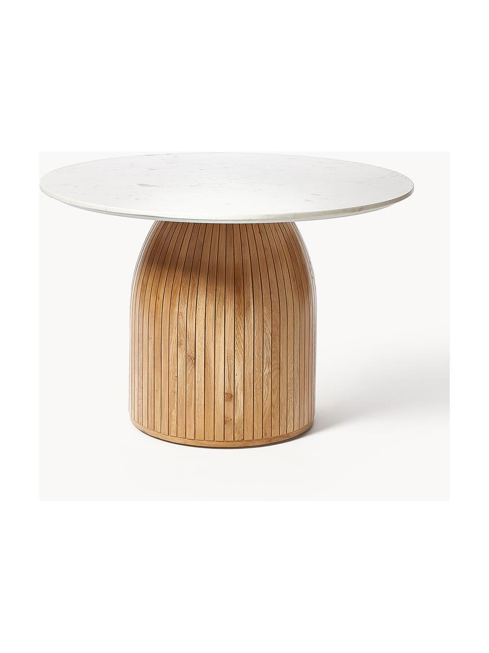 Table de salle à manger ronde avec plateau en marbre Nelly, Blanc, marbré, clair bois de manguier, Ø 115 cm