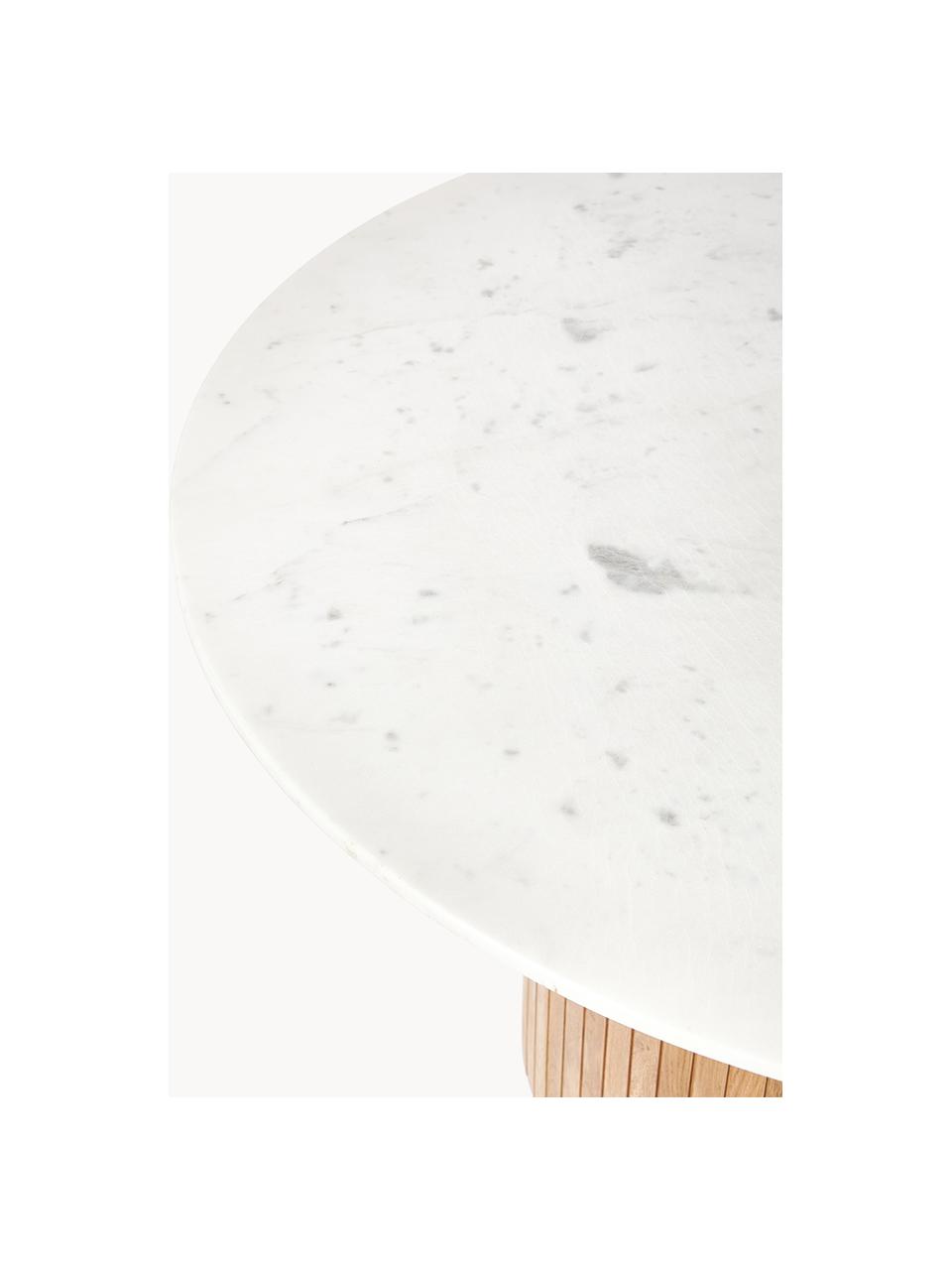 Table de salle à manger ronde avec plateau en marbre Nelly, Blanc, marbré, clair bois de manguier, Ø 115 cm