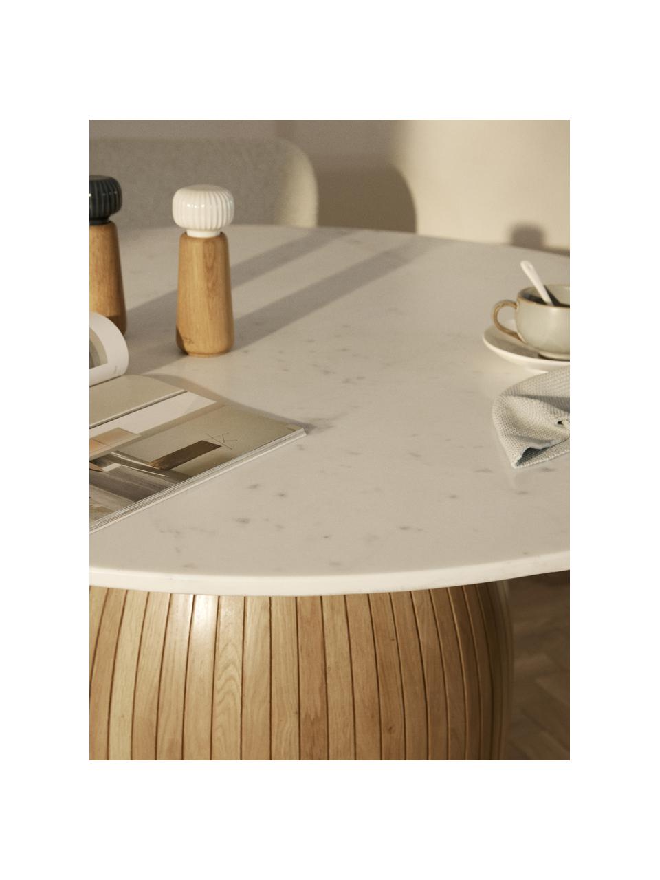 Mesa de comedor redonda con tablero de mármol Nelly, Ø 115 cm, Tablero: mármol, Patas: madera de mango, madera d, Mármol blanco, madera de mango clara, Ø 115 cm