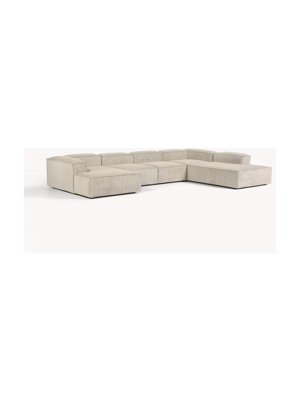 Sofa modułowa ze sztruksu Lennon, Tapicerka: sztruks (92% poliester, 8, Stelaż: lite drewno, sklejka, Nogi: tworzywo sztuczne, Jasnobeżowy sztruks, S 418 x G 269 cm, prawostronna