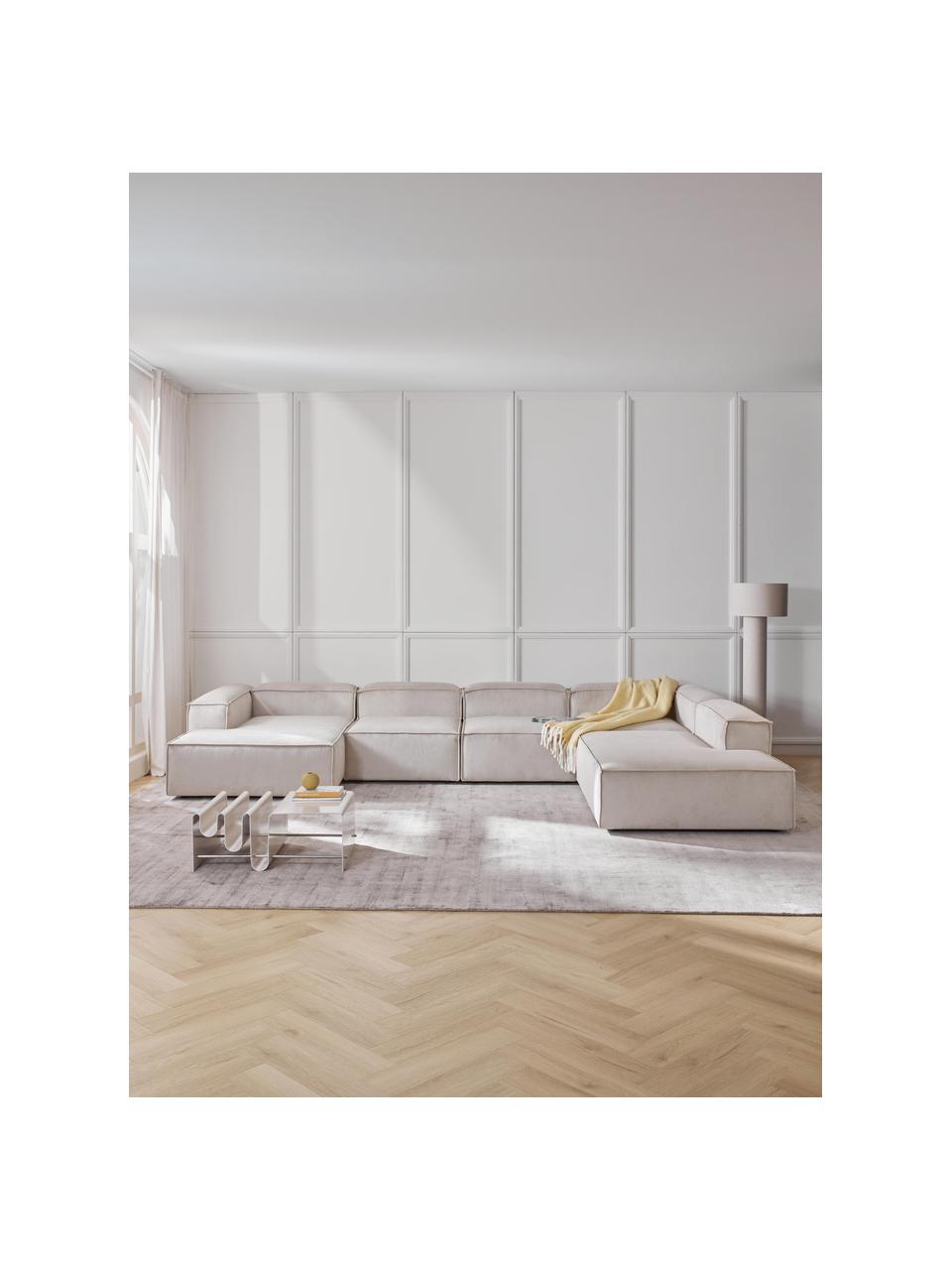 Sofa modułowa ze sztruksu Lennon, Tapicerka: sztruks (92% poliester, 8, Stelaż: lite drewno, sklejka, Nogi: tworzywo sztuczne, Jasnobeżowy sztruks, S 418 x G 269 cm, prawostronna