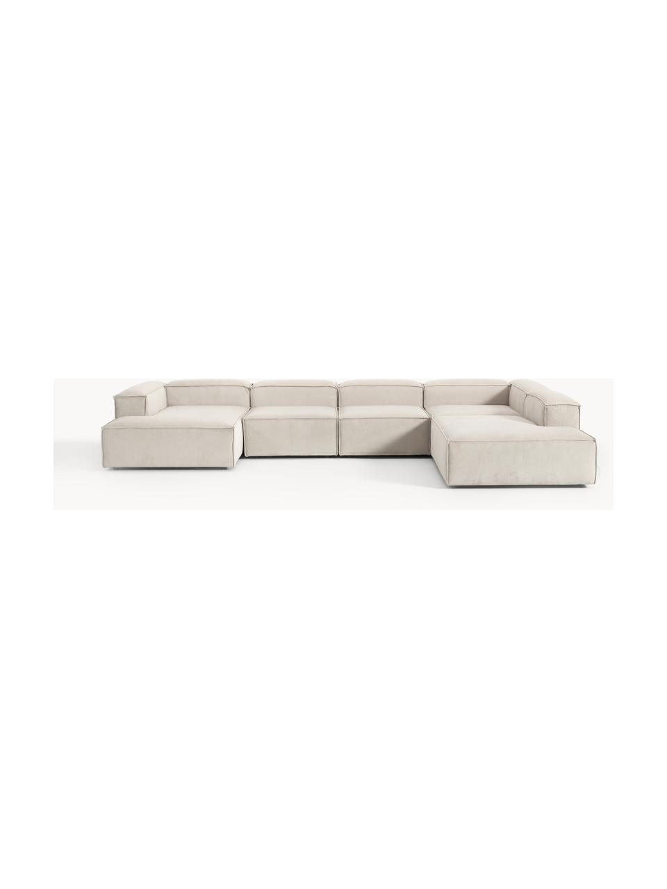 Sofá rinconera modular de pana Lennon, Tapizado: pana (92% poliéster, 8% p, Estructura: madera de pino maciza, ma, Patas: plástico Este producto es, Pana beige claro, An 418 x F 269 cm, chaise longue derecha