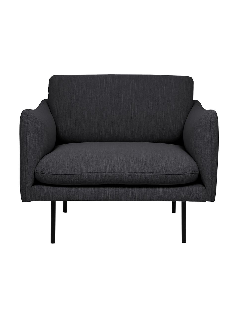 Fauteuil Moby in donkergrijs met metalen poten, Bekleding: polyester De hoogwaardige, Frame: massief grenenhout, Poten: gepoedercoat metaal, Geweven stof donkergrijs, B 90 x D 90 cm