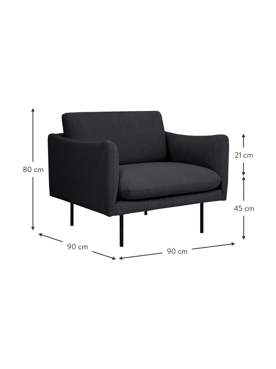 Fauteuil Moby in donkergrijs met metalen poten, Bekleding: polyester De hoogwaardige, Frame: massief grenenhout, Poten: gepoedercoat metaal, Geweven stof donkergrijs, B 90 x D 90 cm