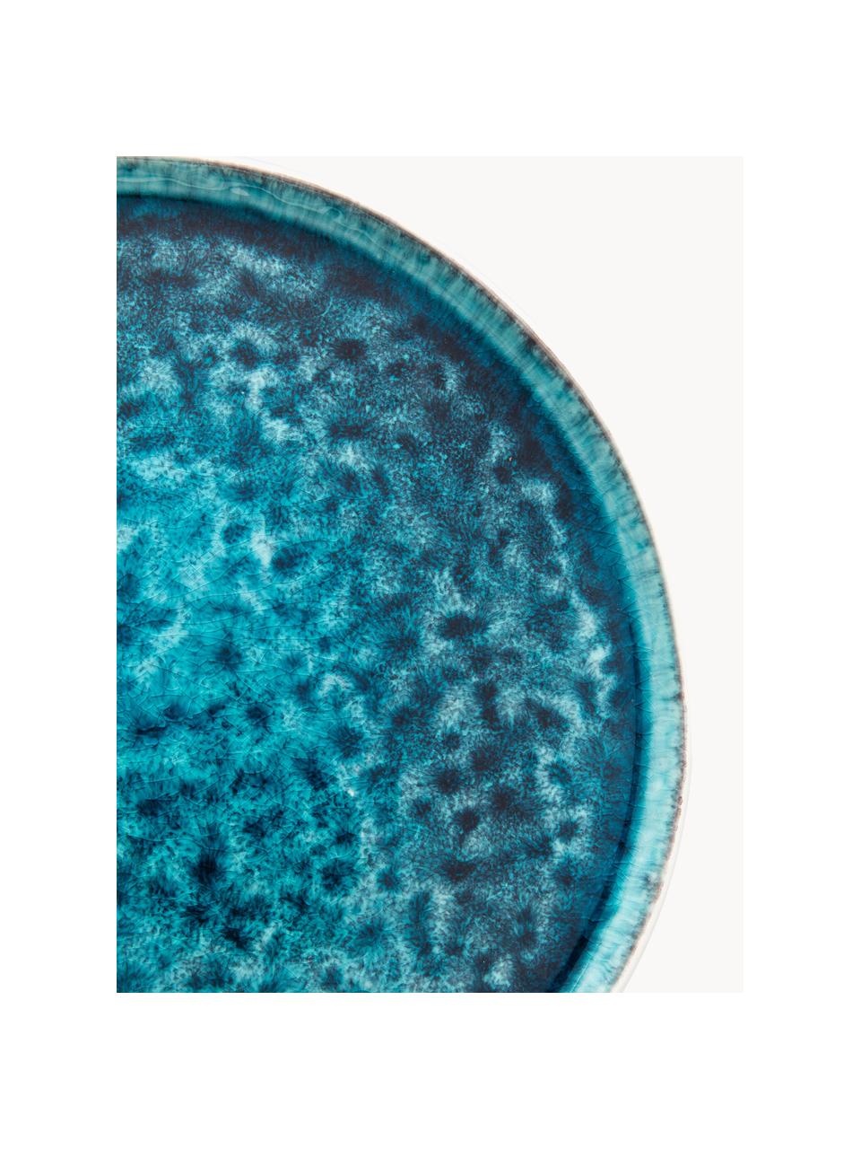 Platos llanos artesanales Mustique, 4 uds., Cerámica de gres esmaltada, Turquesa, azul oscuro, Ø 27 cm