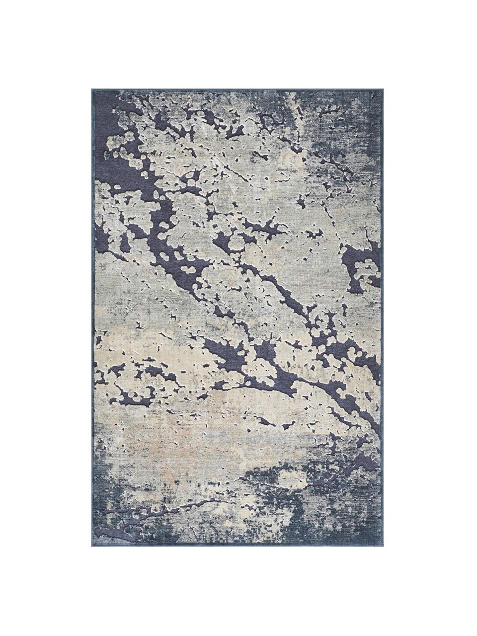 Tapis en viscose à effet relief Arroux, Bleu foncé, beige