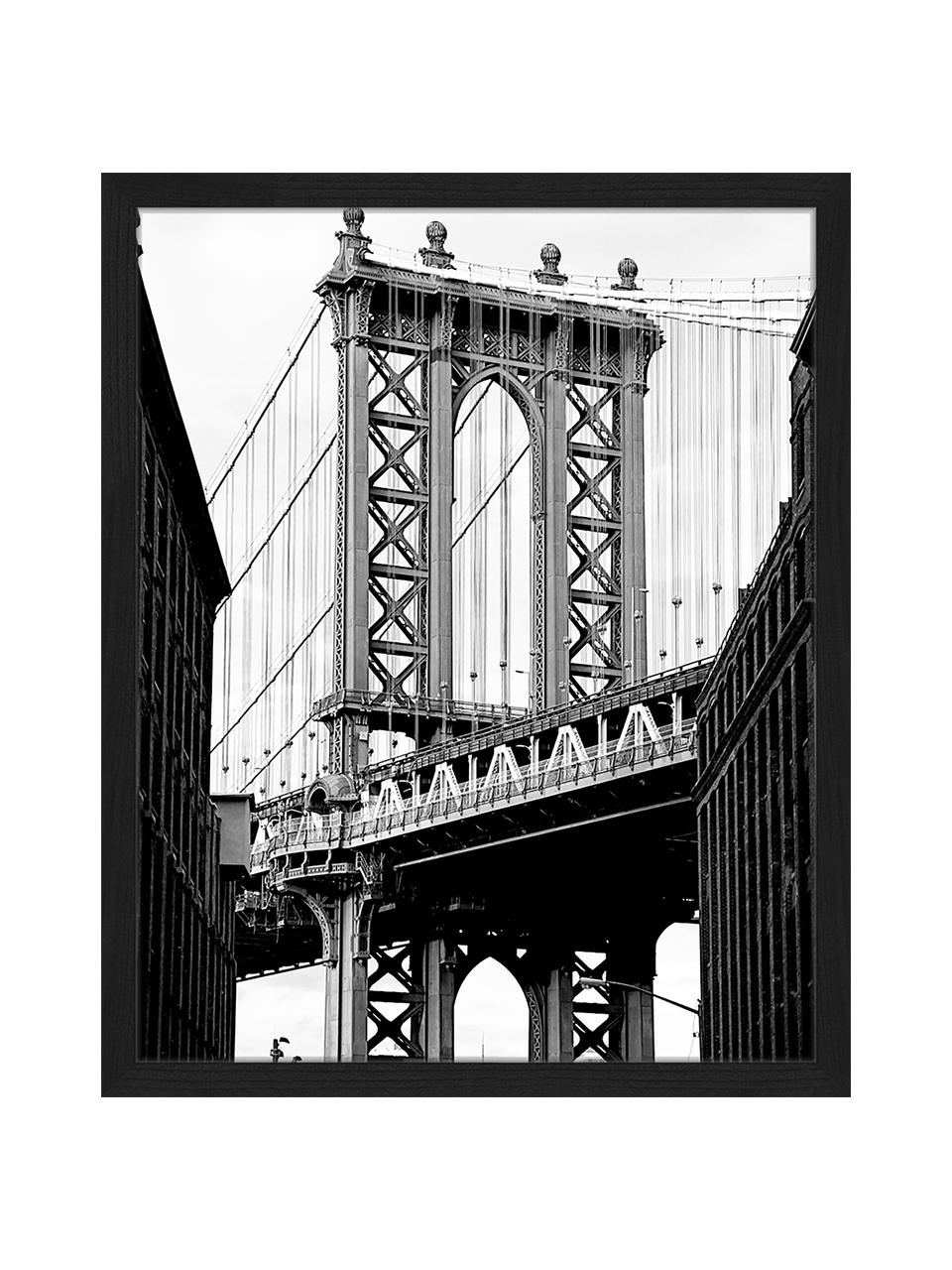 Ingelijste digitale print Manhattan Bridge, Afbeelding: digitale print op papier,, Lijst: gelakt hout, Zwart, wit, B 43 cm x H 53 cm