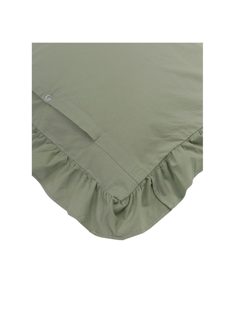 Pościel z bawełny z efektem sprania i falbanką Florence, Zielony, 135 x 200 cm + 1 poduszka 80 x 80 cm