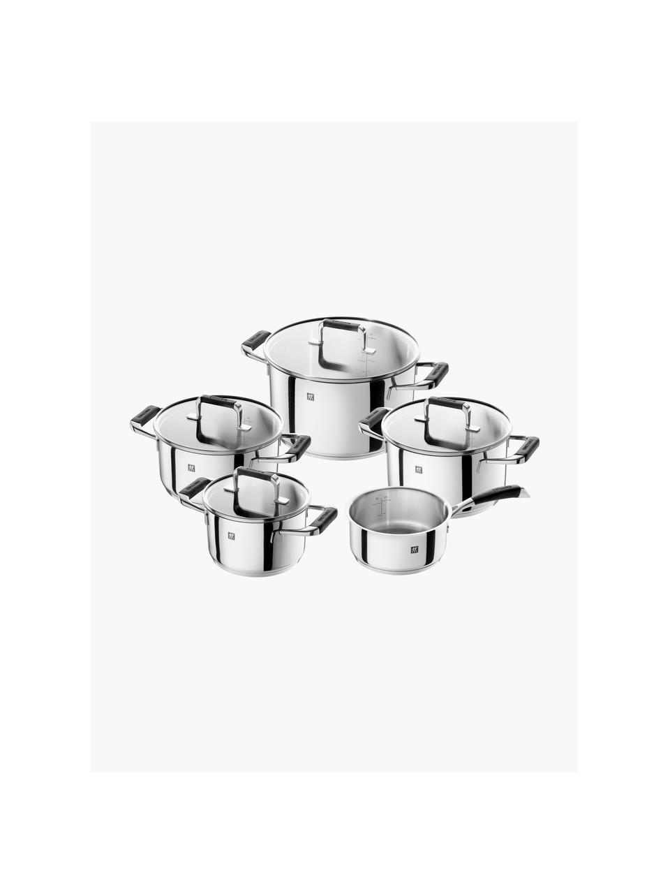 Batería de cocina de acero inoxidable Poletto, 5 pzas., Acero inoxidable, pulido, Negro, plata, Set de diferentes tamaños