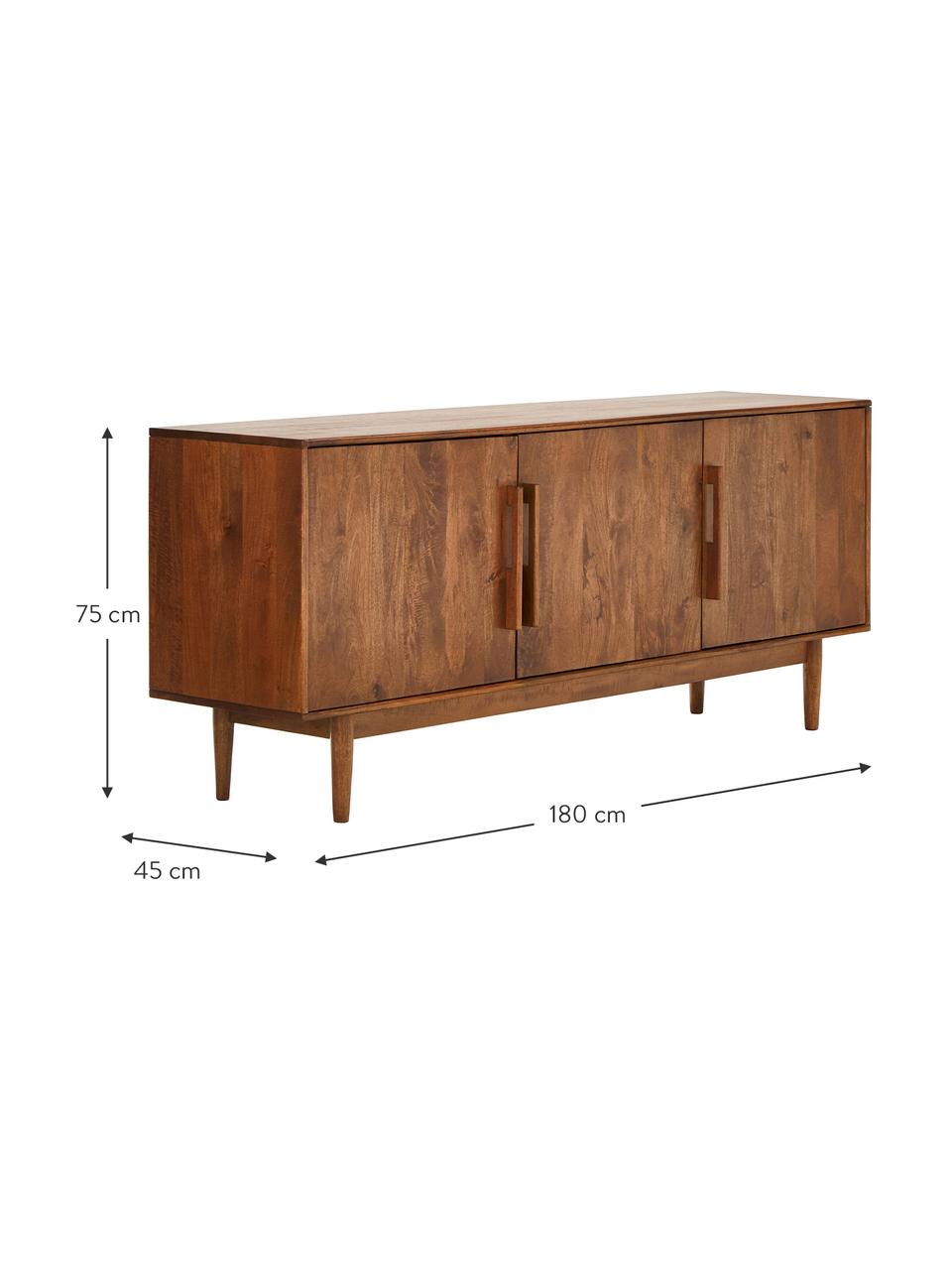 Aparador de madera maciza Paul, Parte trasera: tablero de fibras de dens, Madera de mango, An 180 x Al 75 cm