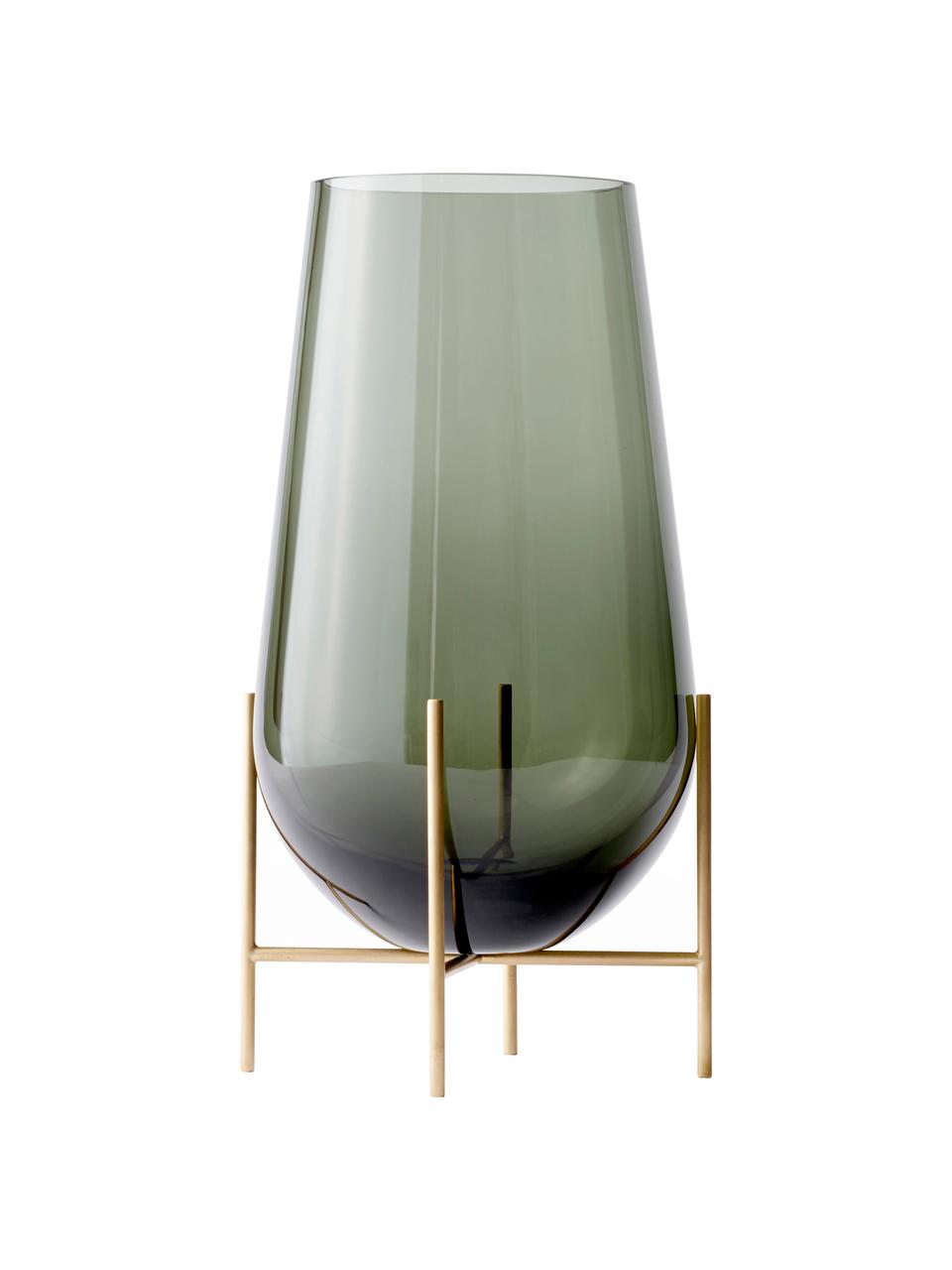 Grote mondgeblazen design vaas Echasse, Frame: messing, Vaas: mondgeblazen glas, Groen, goudkleurig, Ø 22 x H 44 cm