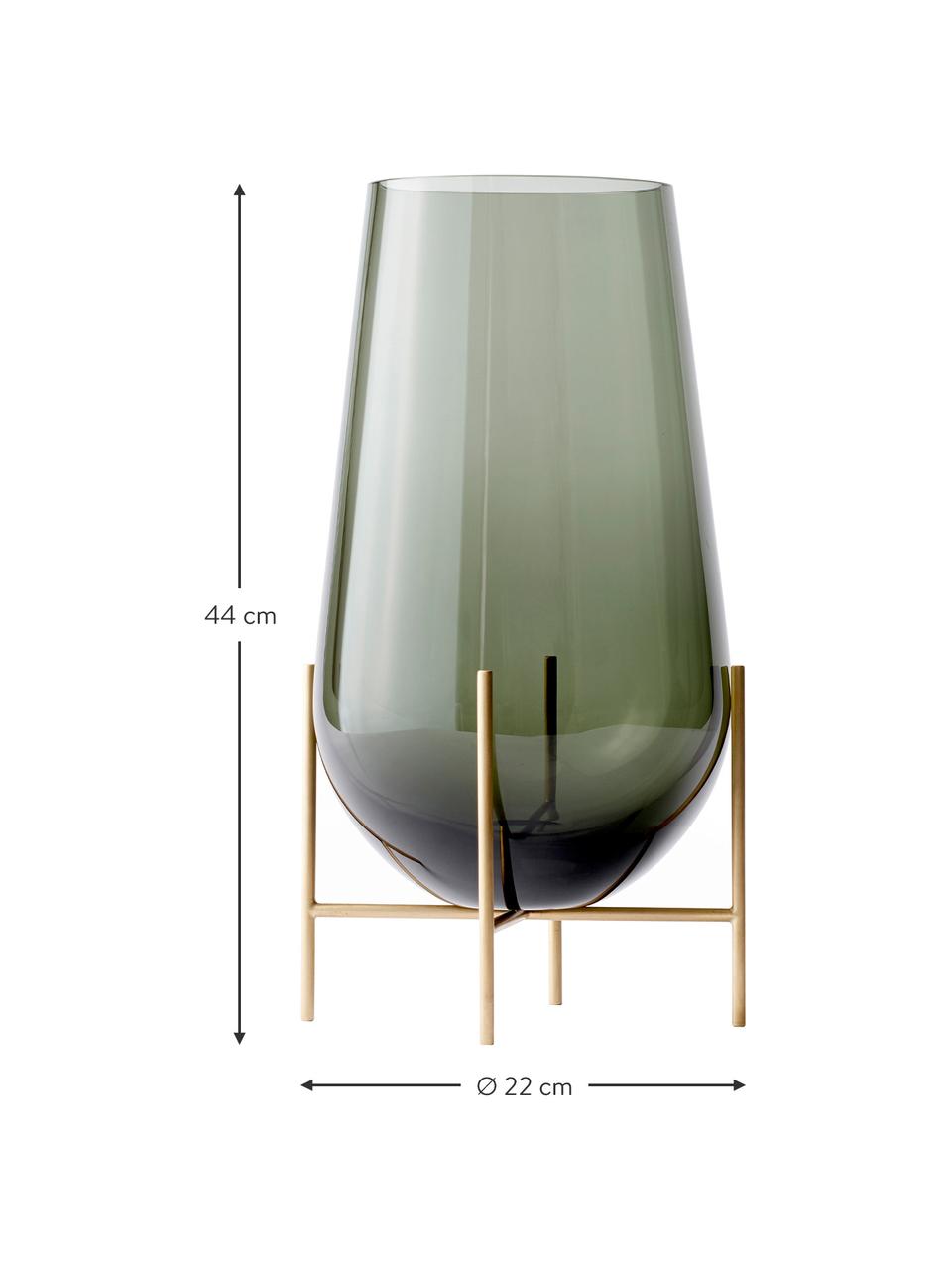 Große Design-Vase Échasse, Gestell: Messing, Vase: Glas, mundgeblasen, Messingfarben, Grau, Ø 22 x H 44 cm