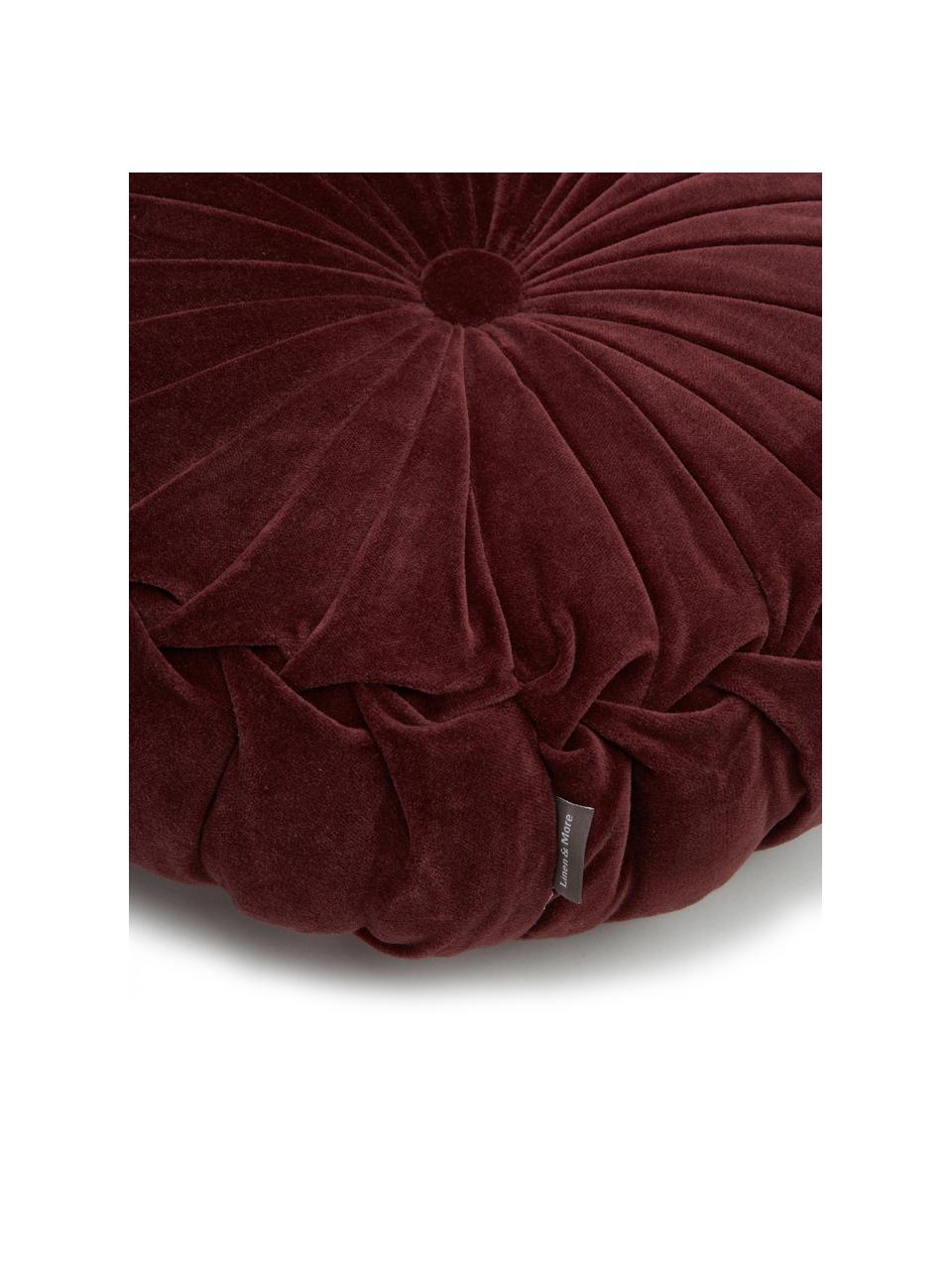 Cuscino rotondo imbottito in velluto con volant Kanan, Rivestimento: 100% velluto di cotone, Rosso vino, Ø 40 cm