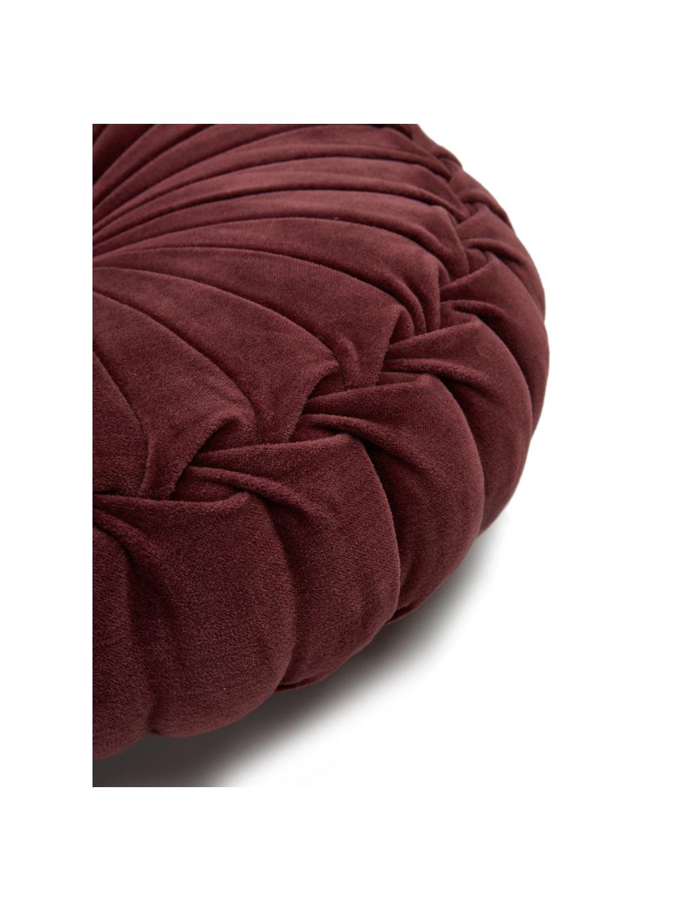 Cuscino rotondo imbottito in velluto con volant Kanan, Rivestimento: 100% velluto di cotone, Rosso vino, Ø 40 cm