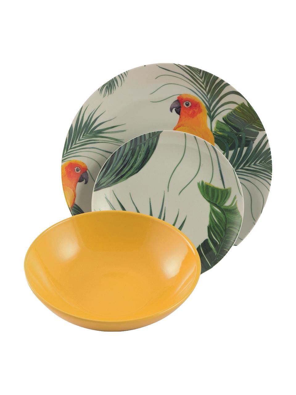 Set 18 piatti di design tropicale Parrot Jungle, Porcellana, Multicolore, Set in varie misure