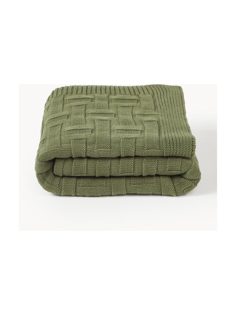 Couverture en coton tricoté Gwen, 100% coton, Vert olive, larg. 130 x long. 170 cm