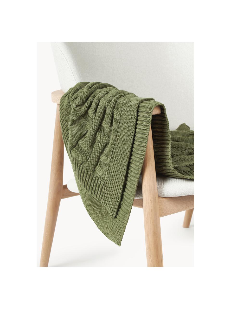 Couverture en coton tricoté Gwen, 100% coton, Vert olive, larg. 130 x long. 170 cm