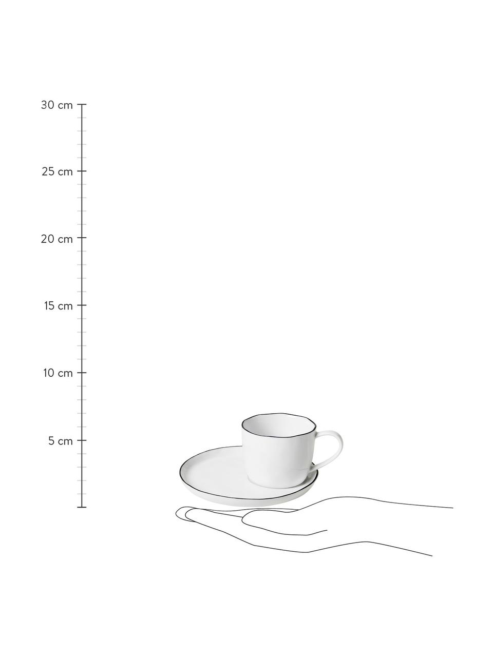 Handgemachte Tasse mit Untertasse Salt aus Porzellan, Porzellan, Gebrochenes Weiß mit schwarzem Rand, Ø 8 x H 7 cm, 150 ml