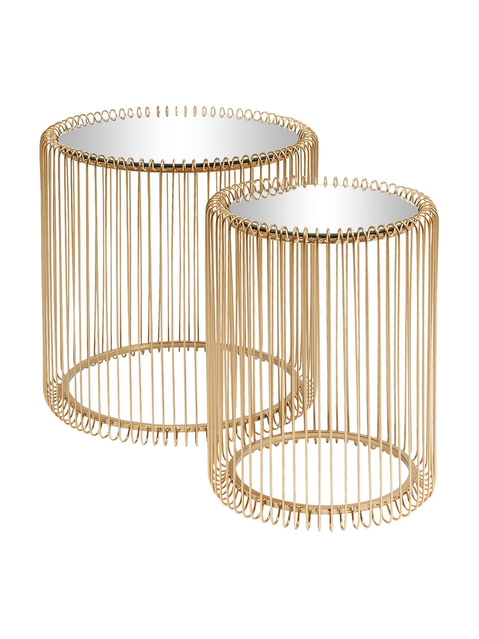 Súprava kovových pomocných stolíkov so sklenenou doskou Wire, 2 diely, Odtiene zlatej, Súprava s rôznymi veľkosťami