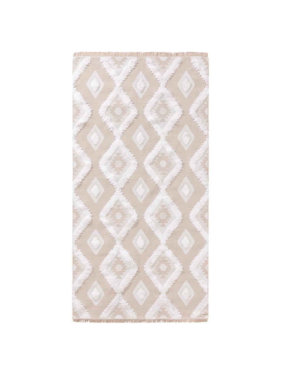 Tappeto in cotone lavato con motivo a rilievo e frange Oslo Squares, 100% cotone, Bianco crema, beige, Larg. 75 x Lung. 150 cm (taglia XS)