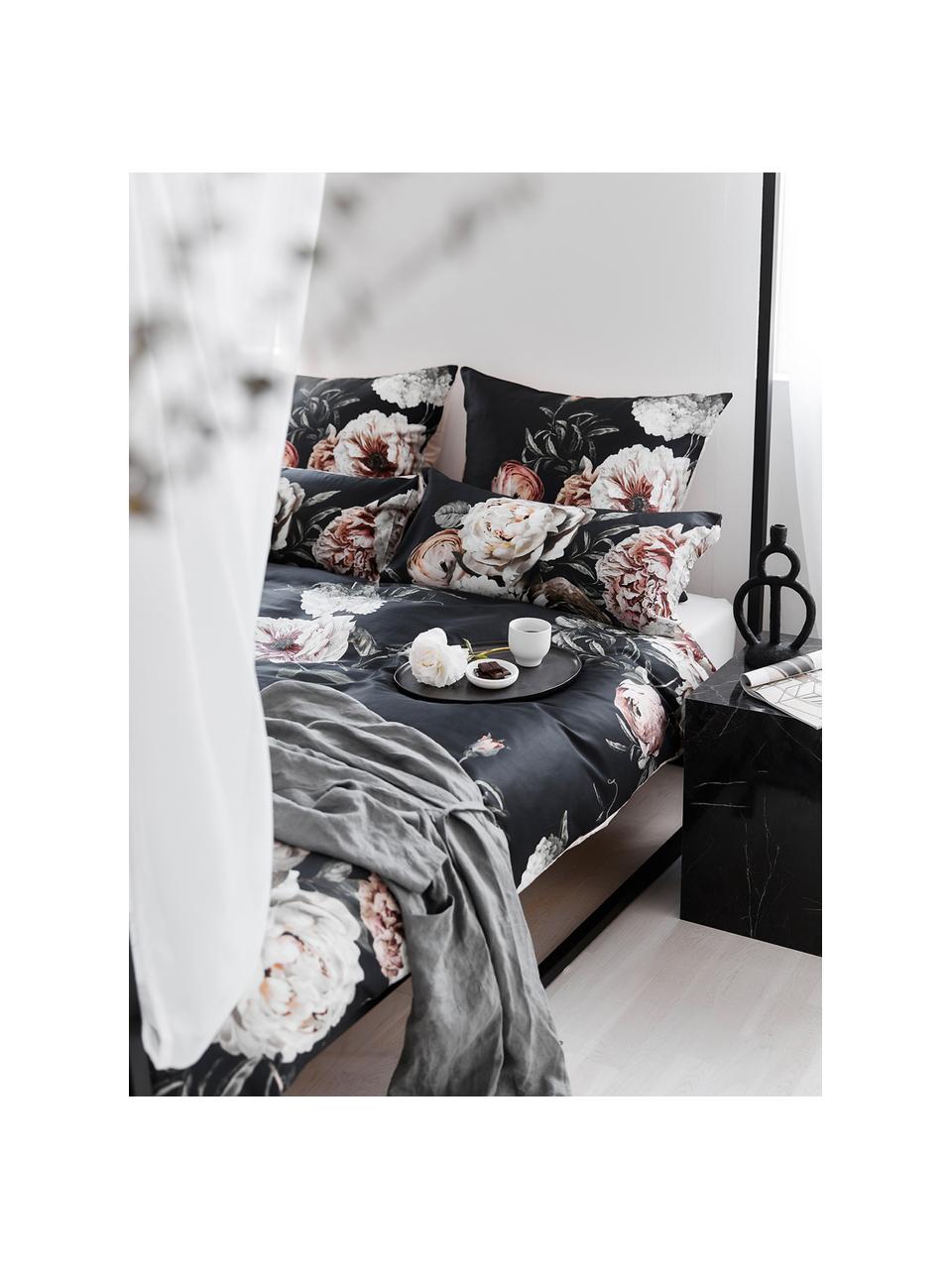 Housse de couette en satin de coton Blossom, Noir, larg. 200 x long. 200 cm