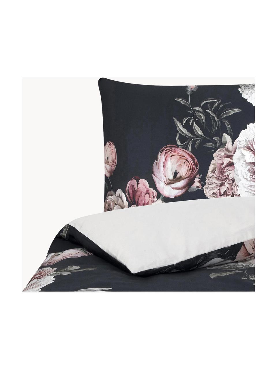 Housse de couette en satin de coton Blossom, Noir, larg. 200 x long. 200 cm