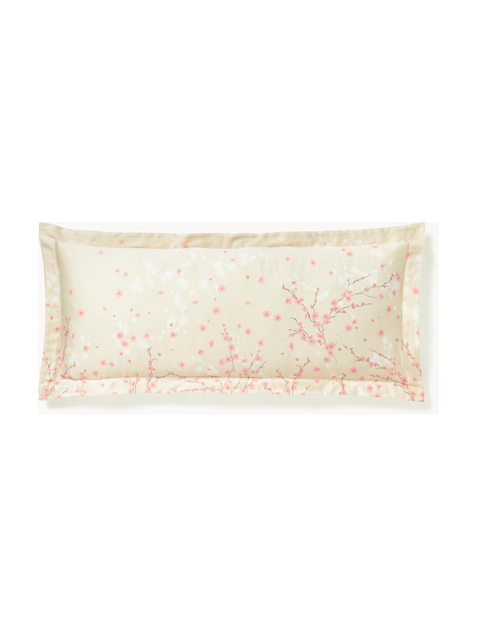 Funda de almohada de satén estampada Sakura, Beige claro, rosa claro, blanco, An 65 x L 65 cm